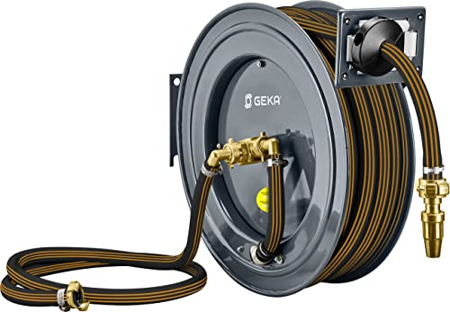 GEKA plus Automatischer Schlauchaufroller PA20GSK (robuster Schlauchaufroller, Stahlkonstruktion, autom. Rückzug, schrittweise Arretierung, mit 15 m Gummi Wasserschlauch)