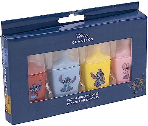 Pack di 4 Evidenziatori di Stitch - Mini Evidenziatori - Set Evidenziatori Rosso, Blu, Giallo e Verde - con Disegni dei Film Disney - Prodotto Originale Elaborato in Spagna