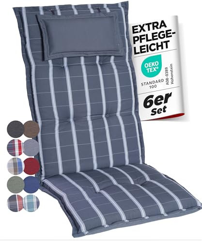gardisun Gartenstuhlauflagen Hochlehner mit Kopfteil I Extra Dicke Sitzauflagen I Made in Europe I Polsterauflagen für Hochlehner I Auflagen mit extra hohem Komfort I 6er Set I Grau-Kariert