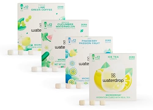 waterdrop® Microdrink Coffret Tropical | 48 waterdrop boisson en cube effervescente | 4 saveurs Avec Thé Glacé CITRON | Extraits naturels de fruits et de plantes | Eau aromatisée en pastille