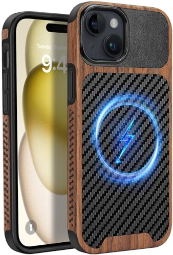 ZZDZZ Magnetisch Hülle für iPhone 15 Plus Hülle 6,7 (Schwarz) | ZZDZZ Hülle [Kompatibel mit MagSafe] Holz und Carbon Leder Design Handyhülle Stoßfest Schutzhülle