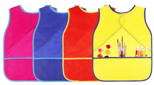 Guiqulai 4 Pcs Art Smocks for Kids Waterproof Artist Painting Aprons Toddler Sleeveless Children Painting Smock Kids Apron with 3 Pockets for Age 3-8 Years,4 Colors