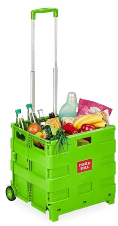 Relaxdays Einkaufstrolley, Klapptrolley mit Rollen & Teleskopgriff, bis 35 kg, Faltbare Einkaufshilfe, Rolltrolley, grün