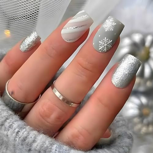 Ceboic 24Pcs Christmas False Nails Short, Square French Stick on Nails Artificial Fake Nails with Silver White Snowflake Design, Acrylic Full Cover Removable Glue on Nails for Women DIY Manicure