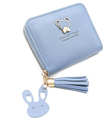 IFUDE Süße Geldbörse für Mädchen Damen mini Portemonnaie Kinder aus Weichem PU Leder mit Reißverschluss,Cartoon-Design Anhänger,Münzfach und Kartenfächern (Blau)