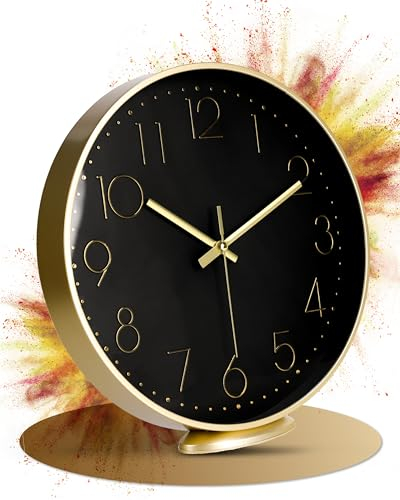 LATENO - Wanduhr Gold - Zum Aufstellen Oder Aufhängen - 20 cm - Lautlos - Klassisch Und Modern - Ohne Tickgeräusche - Für Wohnzimmer Büro UVM