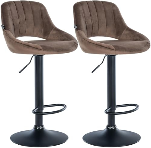 CLP Barhocker 2er Set höhenverstellbar mit Lehne Milet, Barstühle gepolstert Samtbezug, Tresenstühle mit Metallgestell drehbar | Farbe braun Material Gestell Metall matt schwarz