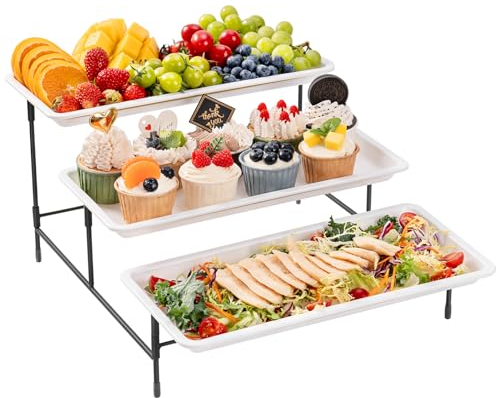 Lifewit Etagere 3 Etagen mit 36 x 17 cm Kunststoff Servierplatte, 3-stufiges Tablett Serviertablett Servierteller mit Klappbarer Schwarzem Metallregal, Buffet Party Zubehör für Gemüse/Obst/Kekse/Torte