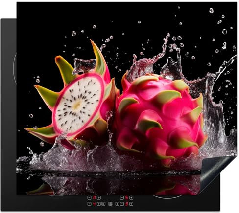 KitchenYeah© Herdabdeckplatte Einteilig Küche Herdabdeckung Induktionsfeld Ceranfeld Herdabdeckplatten Vinyl Matte Aufrollbar Drachenfrucht - Schwarz - Wasser - Obst - 60x52 cm