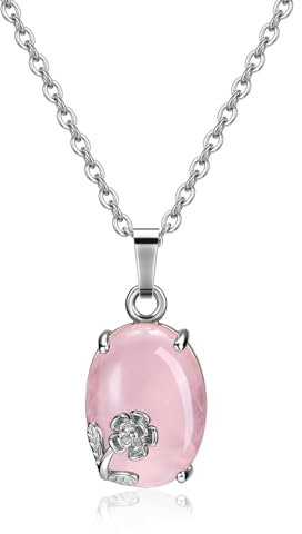 Jovivi Collier Femme Pendentif Quartz Rose Pierre Naturelle Ovale avec Déco Petit Fleur Collier Femme Fille Cadeau Mère Valentine Amitié BBF