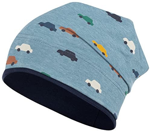 Smarilla Jungen Mütze Übergangsmütze Beanie Fahrzeuge Frühling Herbst Baumwolle, Größe: 46-48, Farbe: Auto-Hellblau