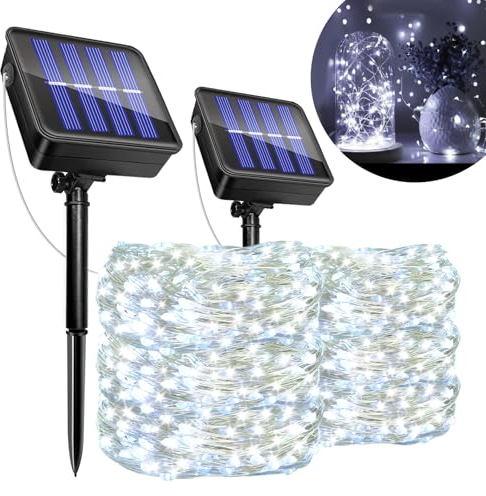 2 Pack Guirnaldas Luces Exterior Solar, 12M 120 LED Luces Solares Jardín, 8 Modos, IP65 Impermeables, Cadena de Luce Decoracion para Terraza, Fiestas, Bodas, Patio, Árbol, Jardines(Blanco Frío)