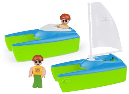 Lena Set Boaties Segelboot und Sportboot 17 cm, mit Zwei Spielfiguren im coolen Surfer-Look, Indoor und Outdoor geeignet, für Kinder ab 2 Jahren