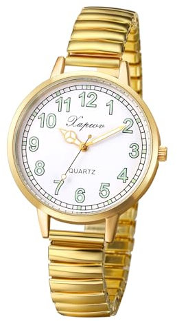 JewelryWe Damenuhr Elastische Uhr für Senioren: Gold Analog Quarz Armbanduhr Damen Stretcharmband Lässige Uhr mit Schmal Edelstahl Zugarmband & großem leicht ablesbar Zifferblatt