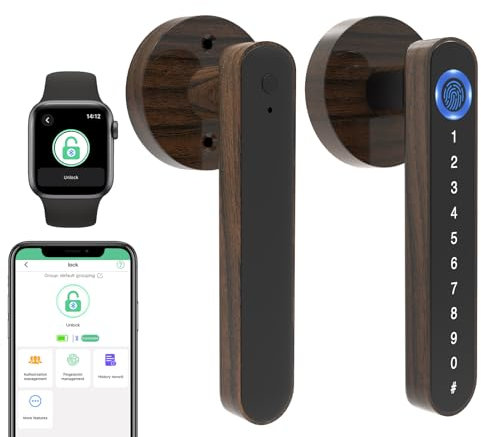 eLinkSmart - Manija de huella dactilar, cerradura de puerta inteligente de metal de grano de madera, perilla de puerta de entrada sin llave para puerta de dormitorio, color madera, aplicación