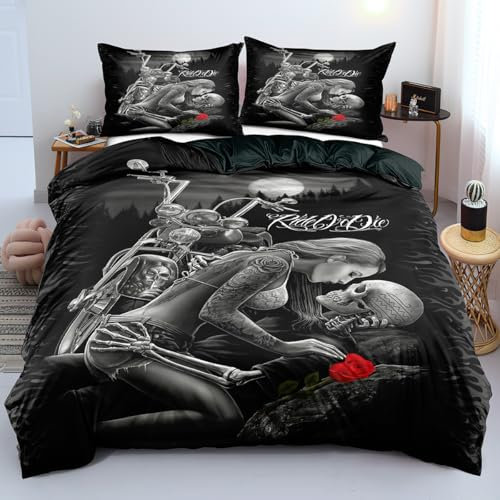DXHOME Skull Bettwäsche 135x200 4teilig Schwarz Küssender Totenkopf Muster Gothic 3D Bettwäsche-Sets Weiche Mikrofaser Wendebettwäsche Bettbezüge mit Reißverschluss und 2 Kissenbezügen 80×80 cm