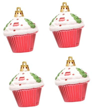 Milageto 4-teilige Weihnachts-Cupcake-Dekorationen, Dessert-Weihnachtsanhänger, hängender Weihnachtsbaumschmuck für Neujahr und Geburtstag, Rot