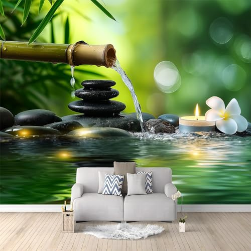 Papel Pintado Efecto 3D Paisaje zen con piedras y agua Salón Dormitorio Verde Fotomurales Pared Tejido No Tejido Decorativos Murales Fotográfico Decoración de Paredes 350 x 256 cm mural