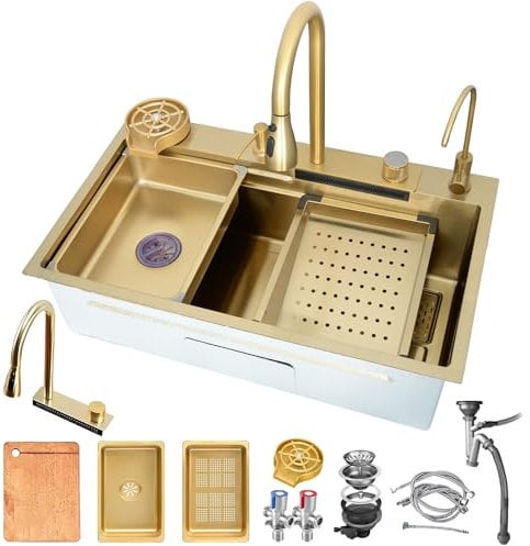 DSMRLEOP Gold-Coloured Waterfall Kitchen Sink, Single Sink Made of Nano Stainless Steel with Golden Extendable Tap, Complete Accessory Set, Multifunctional Workstation for Modern Kitchen (80 x 45 cm)