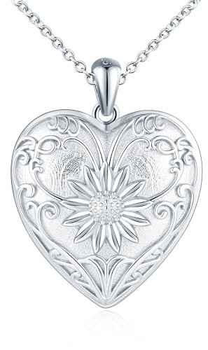 Herz Foto Kette Silber 925 mit Bild: Halskette Damen Blume Medaillon zum Öffnen für Bilder-Sonnenblume Anhänger Ketten Mode Schmuck-Personalisierte Geschenk für Frauen Mama Freundin Mädchen Silber