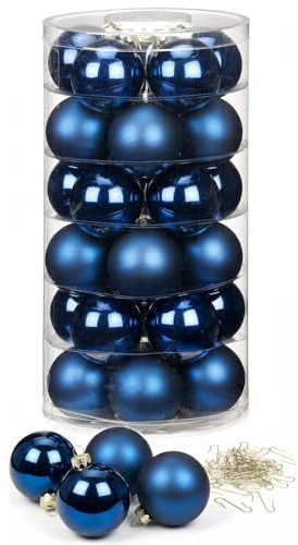 Inge Glas Weihnachtskugeln mit Haken | Schöne Christbaumkugeln aus Glas | Set 30 Kugeln und 40 Aufhänger | Christbaumschmuck Weihnachtsbaumkugeln (Midnight Blue | dunkelblau)