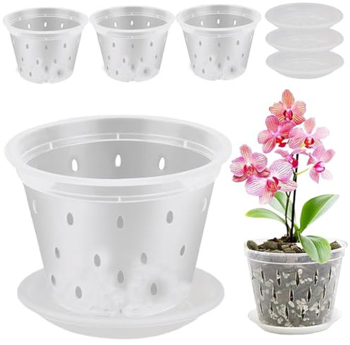 4Set Orchid Pots with Holes and Tray 4 Inch Tall Clear Plant Pots with Drainage Plastic Clear Pots for Plants for Indoor Outdoor Potted Flowers Plants Clear Pots for Plants Plant Pots Indoor Clear Pla