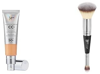 IT Cosmetics, Lot de 2 produits, Crème CC+ Anti-Âge Your Skin But Better, Haute Couvrance, Waterproof, Fini Naturel, 32 ml, Teinte Neutral Tan + Heavenly Luxe #7, Pinceau Double Embout