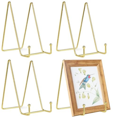LoNinLoAn 4Pcs Plate Stands for Display, Gold Iron Easel Plate Holder, 6 inch Easel Display Stand, Picture Frame Stand for Pictures|Photo|Decorative Plate|Dish|Tabletop Art