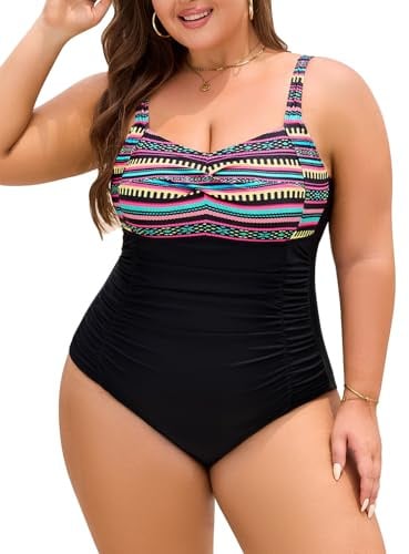 Nadeer Maillot de Bain Femme 1 Pieces Grande Taille Maillots Une Pièce Gainant Ventre Plat Col en V Sexy Push Up Swimsuit Swimwear Monokini L-4XL