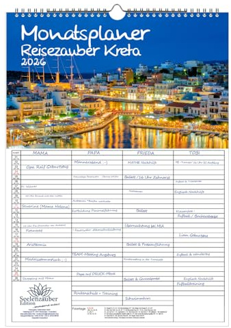 Reisezauber Kreta Planer Familienplaner 4 Spaltenplaner DIN A3 Kalender für 2026 Heraklion Griechenland - Set: 1x Kalender, 1x Weihnachtsanhänger (gesamt 2 Teile)
