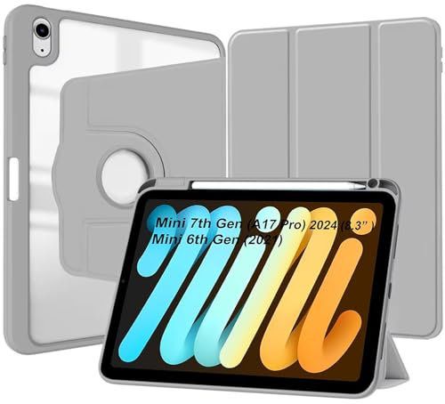 World biz Rotating Case for iPad mini (A17 Pro, 2024, 7th Generation) / mini 6 (2021, 6th Gen) Pencil Holder, 360 Degree Rotation Protective Trifold Stand Cover Clear, Auto Wake/Sleep (Grey)