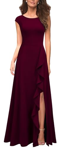 MUSHARE Women's Cocktail Dresses with Pockets Ruffled Sexy Split Party Long Formal Dress Burgundy