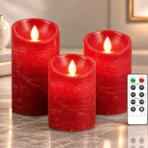 PinnWaa LED Kerzen, 3 Stumpenkerzen, Flammenlos, Flackernd, Rot | 10-Tasten-Fernbedienung, Timer 2/4/6/8 Std, Batteriebetrieb, Dimmbares Licht, Weihnachtsdeko, Hochzeit, Party und Tischdeko
