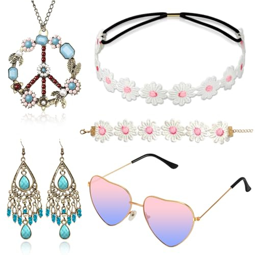 Alintor Hippie Accessoires mit Brille, Flower Power Peace Kette für Hippie Kostüm Damen, 60er 70er Jahre Bekleidung Damen