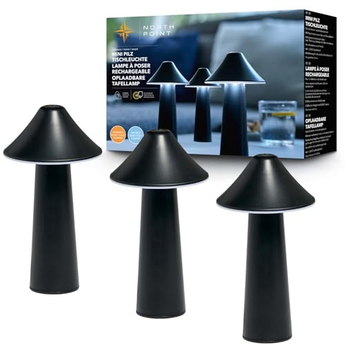 Northpoint Moderne LED Akku Tischleuchte in Pilzform im 3er-Set für den Innen- und Außenbereich stufenlos dimmbar USB-Ladung CCT Farbwechsel (schwarz, Zeltform)