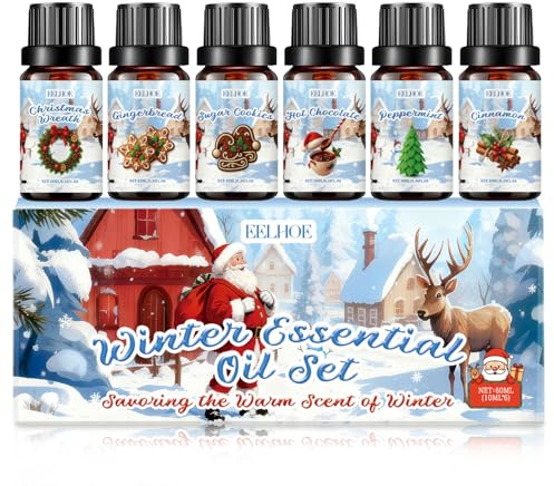 Winter Ätherische Öle Set, 6 x 10ML Naturrein Aromatherapie Duftöl | Aromatherapie Ätherische Öle für Diffuser, Weihnachtskranz, Lebkuchen, Zuckerkekse, Pfefferminze, Zimt, heiße Schokolade