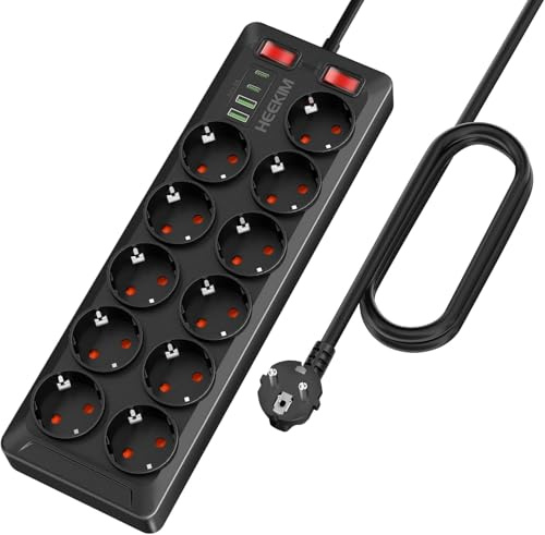 HEEKIM Regleta Enchufes USB, Regleta 4000W 16A con 11 Toma de Corriente y 2 USB-A y 2 USB-C Puertos, 2 Interruptores, Enchufe Multiple para Hogar, Oficina, Escuela (3M)
