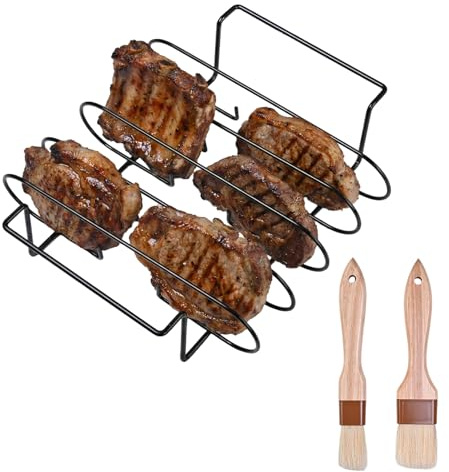 Astralong Supporto Bistecche e Costine,Cestello per BBQ Rib Rack con 2 Pennelli,Supporto per Arrosto Bistecca,Telaio Griglia Barbecue Spareribs Halter Grill,Nero