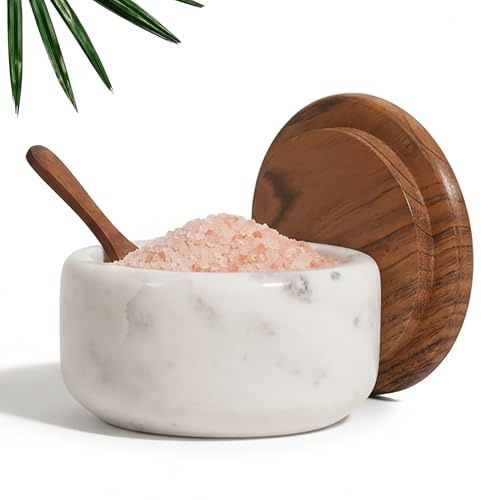 ANONYO Salt Cellar with Acacia Wood Lid and Spoon | White Marble Salt Container for Kitchen | Spice Holder for Countertop | Keeps Spices Dry | Wide 4” Salt Pig with Non-Skid Feet (White)