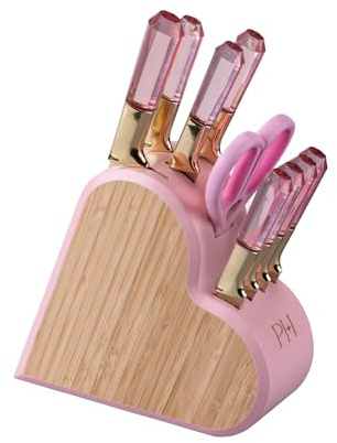 Paris Hilton Messerblock-Set – 10-teiliges Küchenmesser-Set in Herzform mit goldenen Klingen und Diamantgriffen – Reinigung per Hand