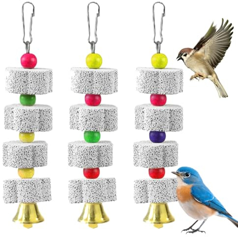DGN 3 Stück Vogel Kauspielzeug, Vogelschnabel-Schleifstein mit Glocke, Kalkstein für Wellensittiche, Vogelspielzeug, Papageienspielzeug, Wellensittich Spielzeug für Vogel Hamster Nymphensittich