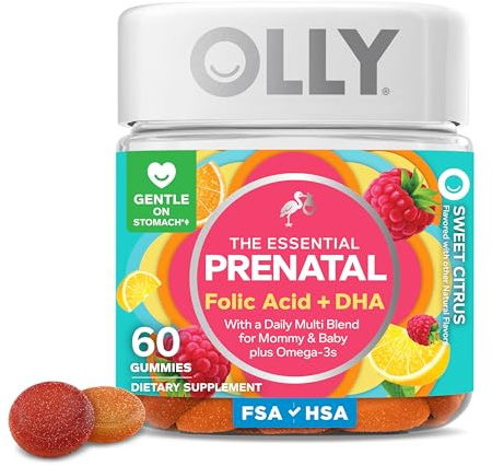 OLLY Prenatal Multivitamin Gummy, Daily Multi Blend for Mommy & Baby, Folic Acid, Omega 3 DHA, Vitamins A & D, Sweet Citrus Flavored, 30 Day Supply - 60 Count