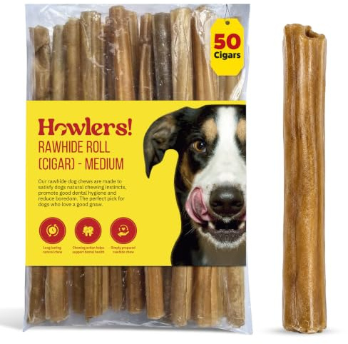 Howlers Natural Rawhide Rolls, 12.5 cm, Pack of 50 | Long-lasting chew, Helps reduce boredom, Encourages chewing habits, Keeps pets occupied, Ideal for daily enrichment