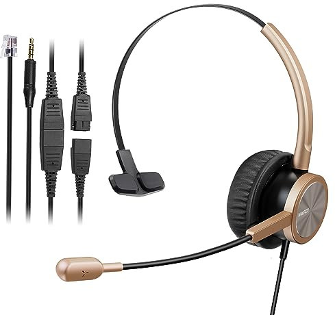 Call Center Headset with RJ9 Jack & 3.5mm Connector for Landline Deskphone Cell Phone PC Laptop, Office Business Telephone Headset with Noise Canceling Microphone for Polycom Avaya Nortel Aastra