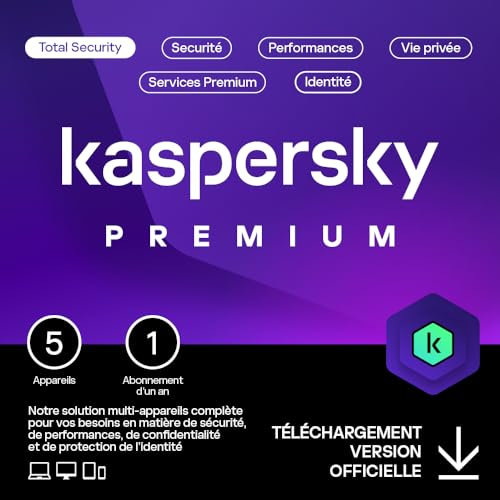 Kaspersky Premium Total Security 2025 | 5 appareils | 1 an | Anti-Phishing et Pare-feu | VPN illimité | Gestionnaire de mots de passe | Contrôle Parental| PC/Mac/Mobile | Code d'activation par email