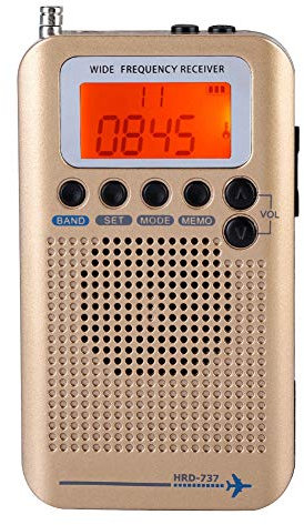 ASHATA VHF Airband Radio Receiver, Aircraft Band Portable Full Band Recorder With LCD Display, Steel Tie-rod Antenna, Large Capacity Lithium Battery (Gold)