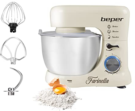 BEPER BP.200 Batidora Amasadora, Amasadora para Repostería (1000 W, 8 Velocidades, con Bol de Acero inoxidable de 4,5 L, Amasador, Batidor, Varillas y Protección para Salpicaduras) Blanco