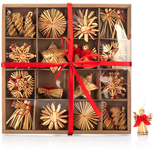 com-four® 56-teiliges Strohsterne Set - Sterne, Glocken, Tannen, und traditionelle Figuren als Christbaum-Schmuck - kleine Stroh-Anhänger als Weihnachtsbaumschmuck - natürlicher Christbaum-Behang