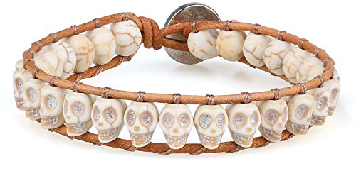KELITCH Leder Wickelarmbänder Weiß Türkis Totenkopf Armbänder Handgefertigt Türkis Armbänder Armreif