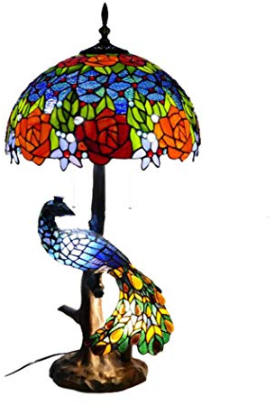 Yjmgrowing Tischlampe im Tiffany-Stil mit Pfauensockel 16 Rose Glasmalerei Antike Tischbeleuchtung für Decor Nachttisch Wohnzimmer Schlafzimmer handgemachte Nachttischlampe,E27 * 5 (40 x 82 cm)